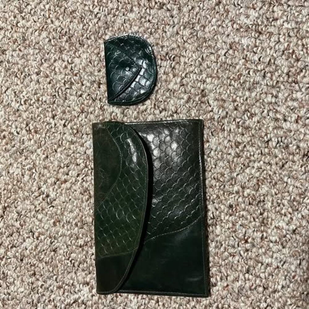 Vintage Dark Green Real Leather Scaly Wallet & Coin Purse Set